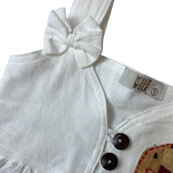 Walk Walk White Toddler Dress With Elephant Embroidery & Bow Straps Sz 1 - Picture 3 of 5